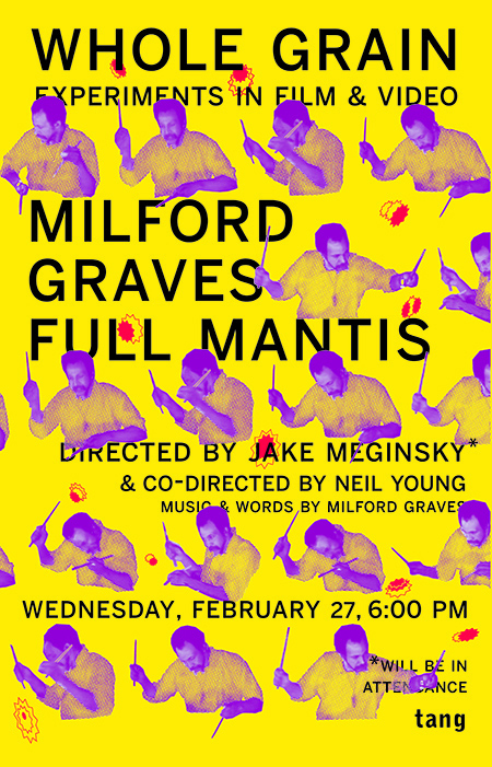 the percussionist Milford Graves plays the drums linearly across the yellow poster